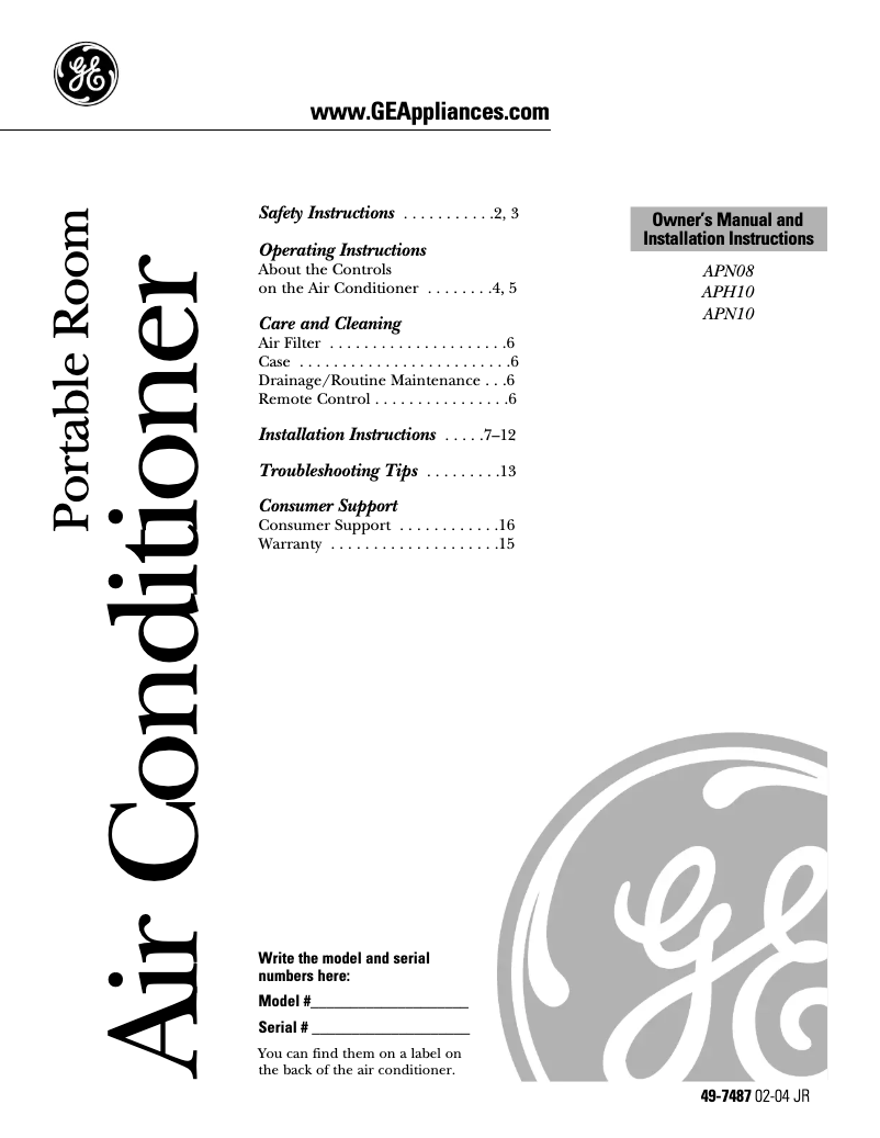 Página 1 del manual Manual de usuario GE APN10AA