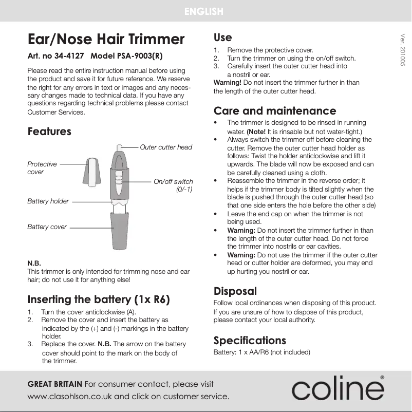 Imagen de la primera página del manual del dispositivo PSA-9003