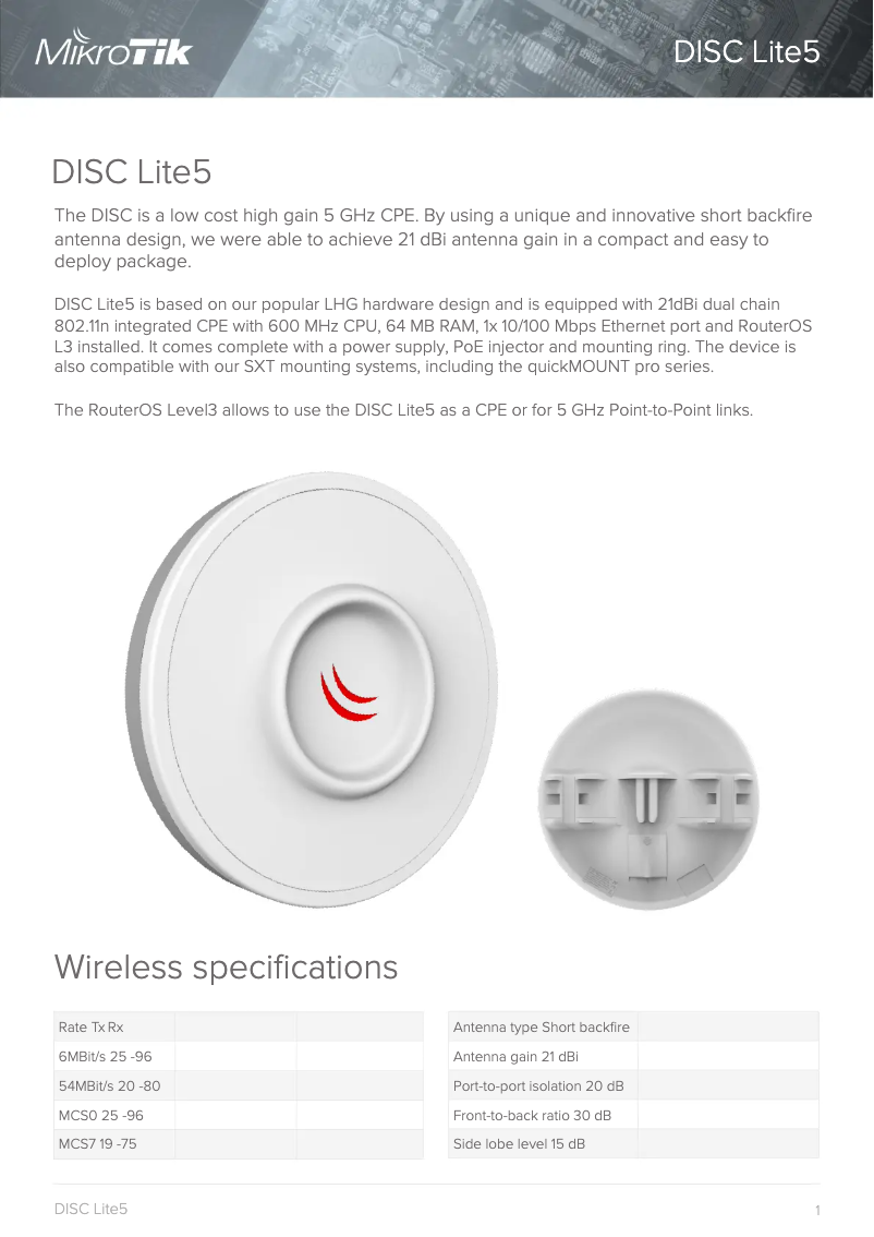 Página 1 del manual Folleto Mikrotik DISC Lite5