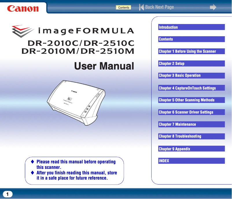 Imagen de la primera página del manual del dispositivo imageFORMULA DR-2010M