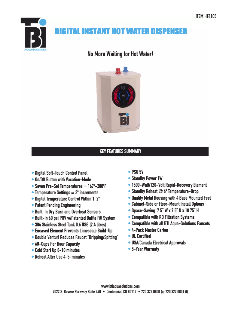 Página 1 del manual Ficha técnica BTI Aqua-Solutions HT4105