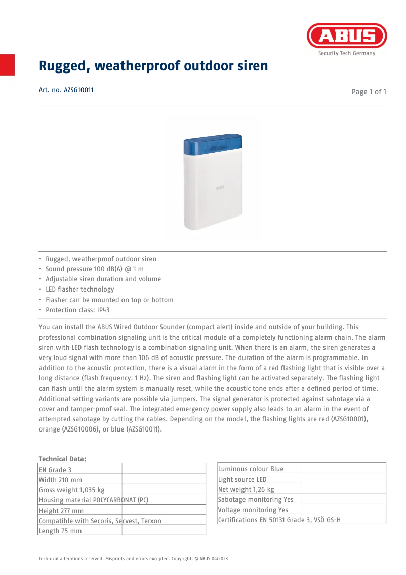 Página 1 del manual Ficha técnica Abus AZSG10011