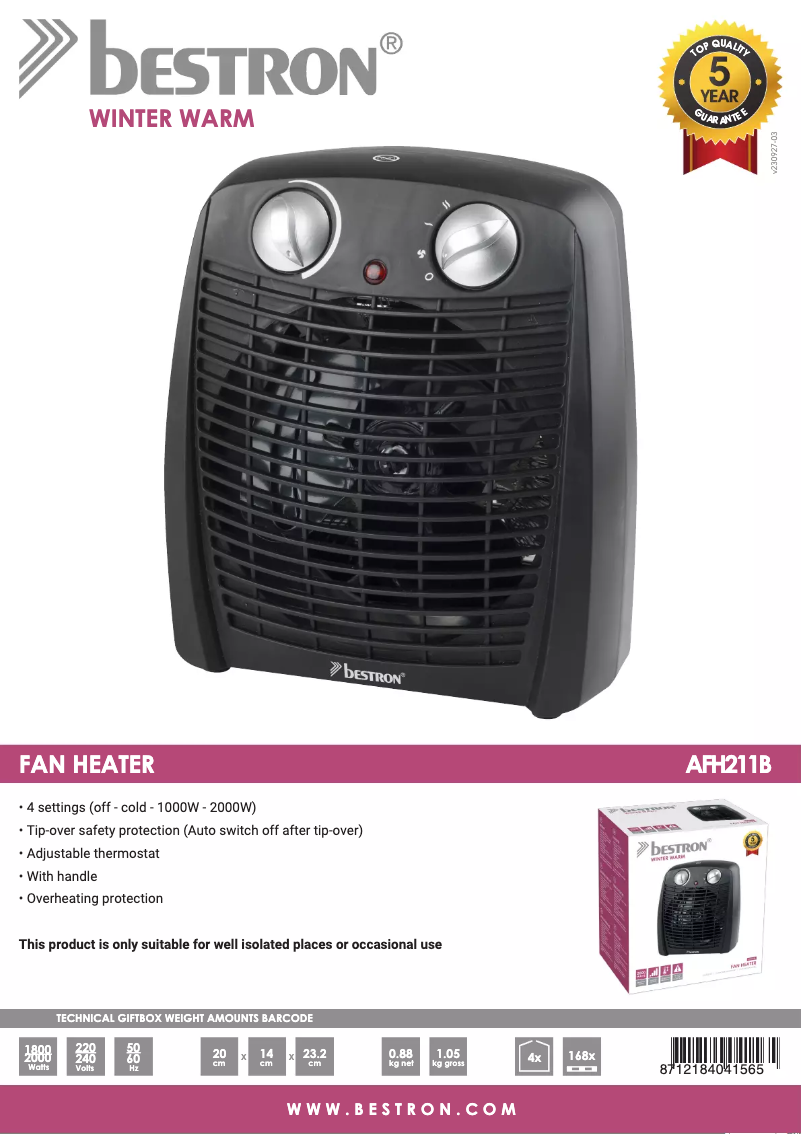 Página 1 del manual Ficha técnica Bestron AFH211B