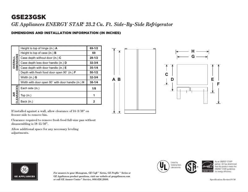 Página 1 del manual Ficha técnica GE GSE23GGKWW