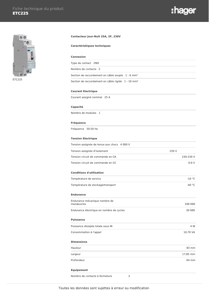 Página 1 del manual Ficha técnica Hager ETC225