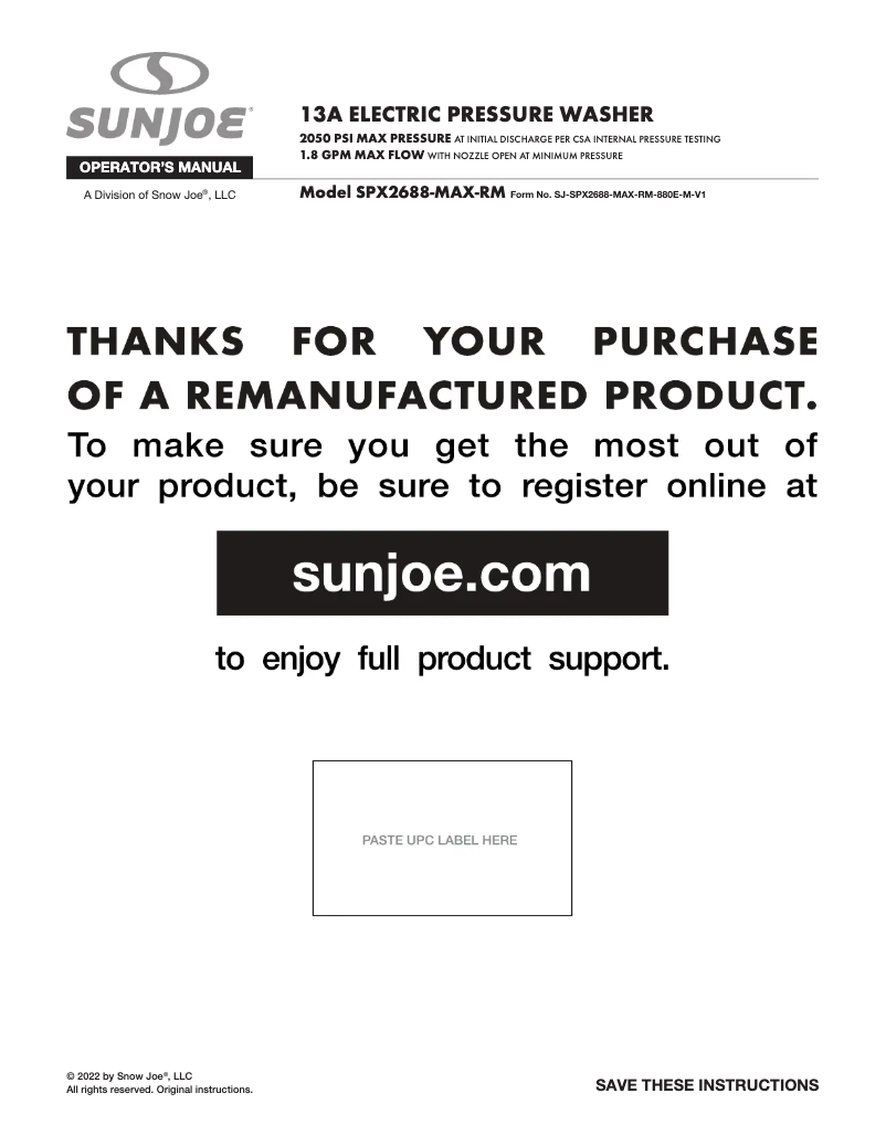 Página nº 1 - Manual de usuario Sun Joe SPX2688-MAX-RM