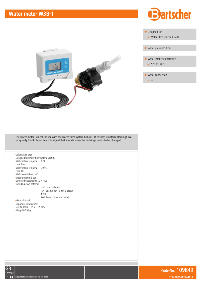 Página 1 del manual Ficha técnica Bartscher W3B-1