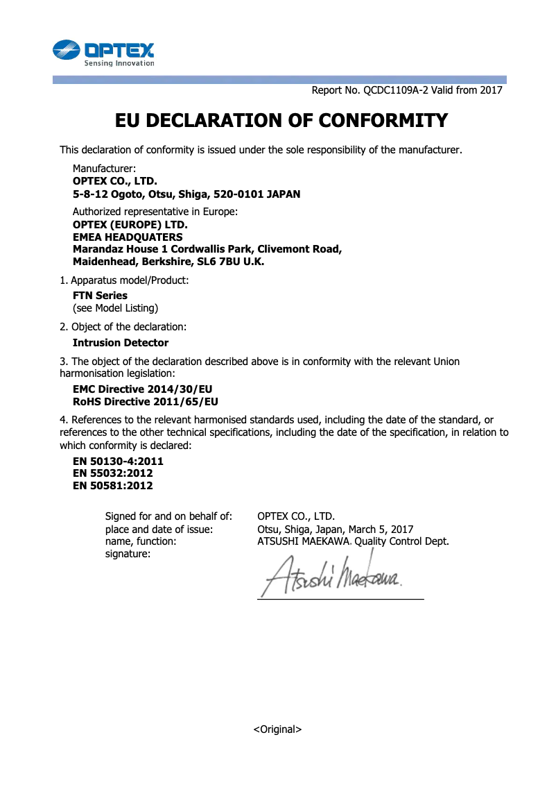 Página 1 del manual Ficha técnica Optex FTN-ST
