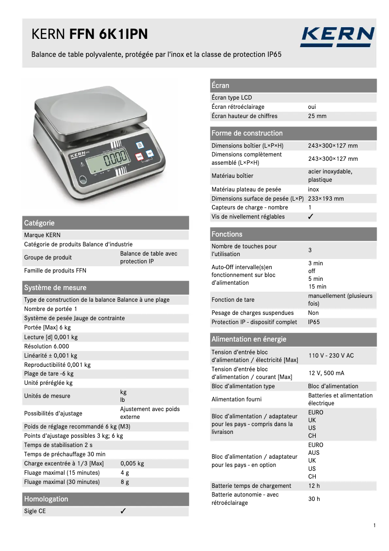 Página 1 del manual Ficha técnica Kern FFN 6K1IPN