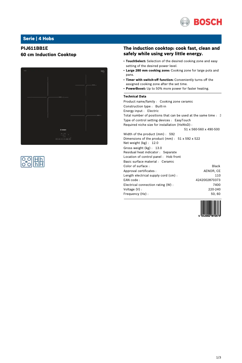 Página 1 del manual Ficha técnica Bosch PIJ611BB1E