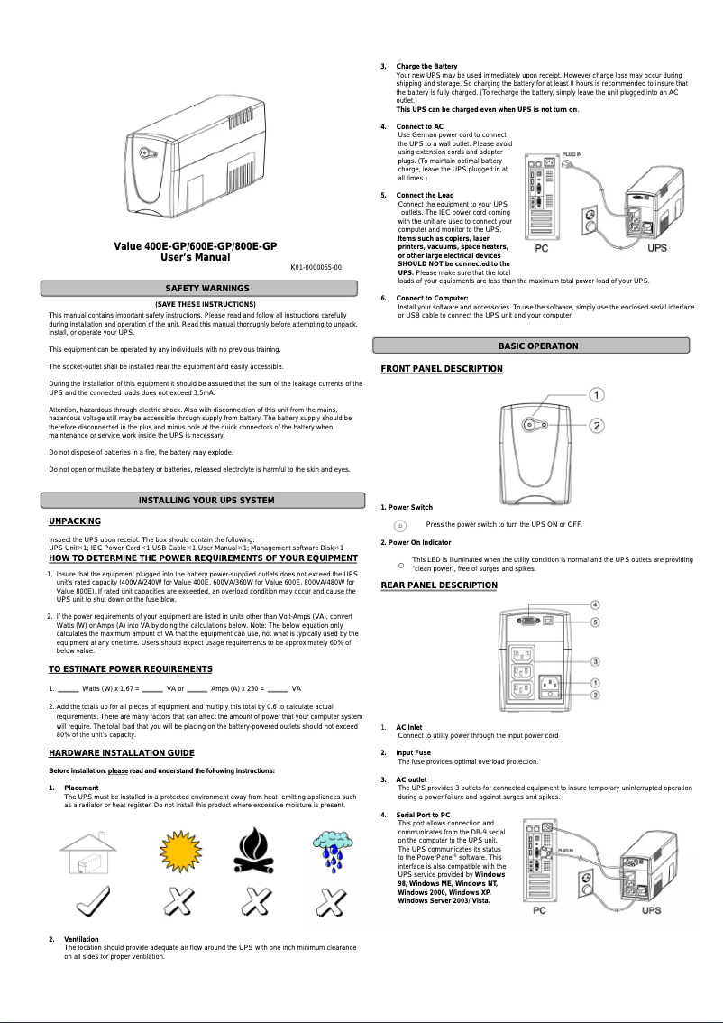 Imagen de la primera página del manual del dispositivo VALUE800E-GP