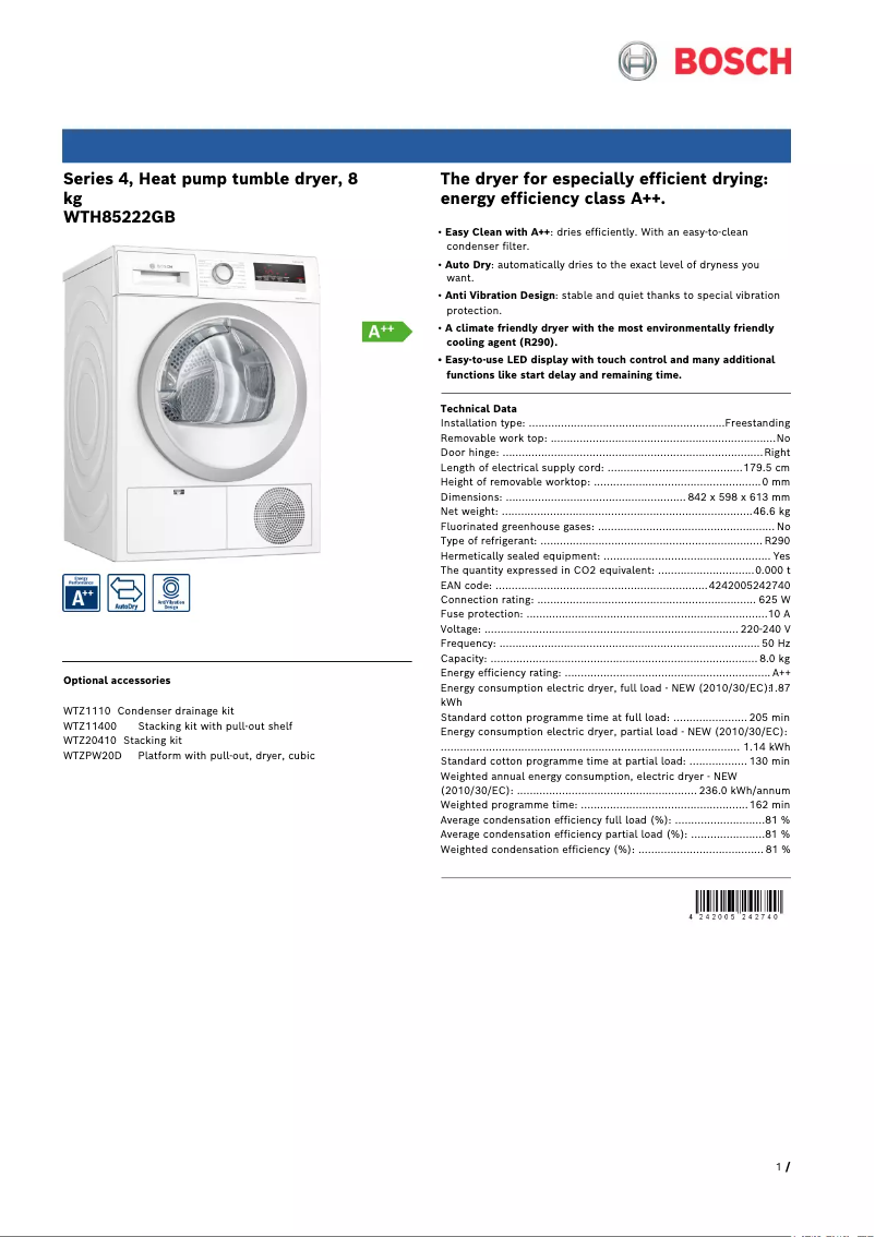 Página 1 del manual Ficha técnica Bosch WTH85222GB