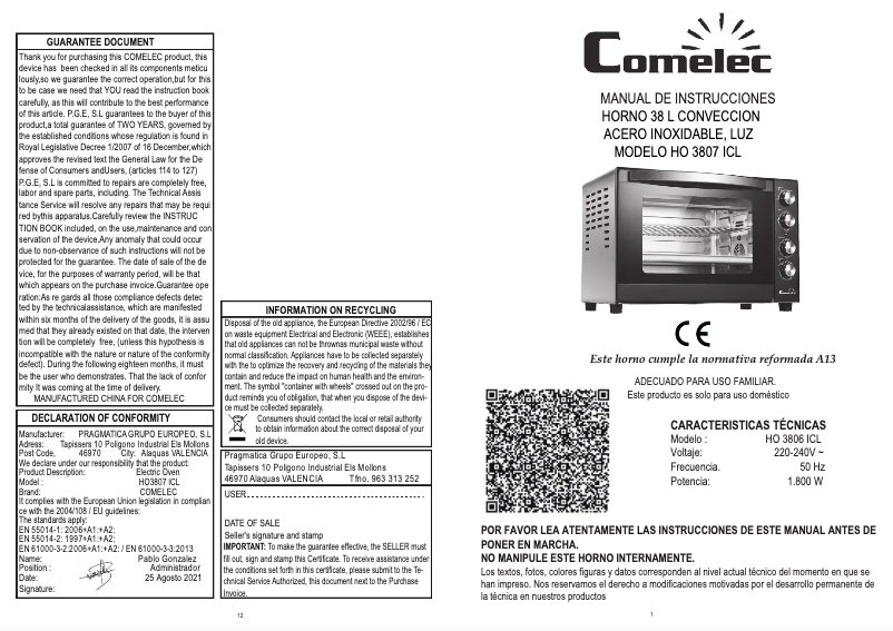 Imagen de la primera página del manual del dispositivo HO3807ICL