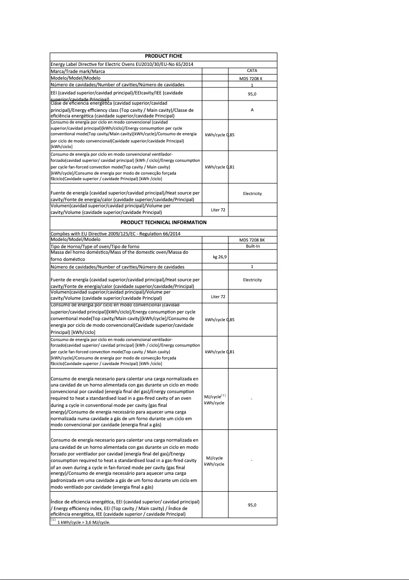 Página 1 del manual Etiqueta energética CATA MDS 7208 X