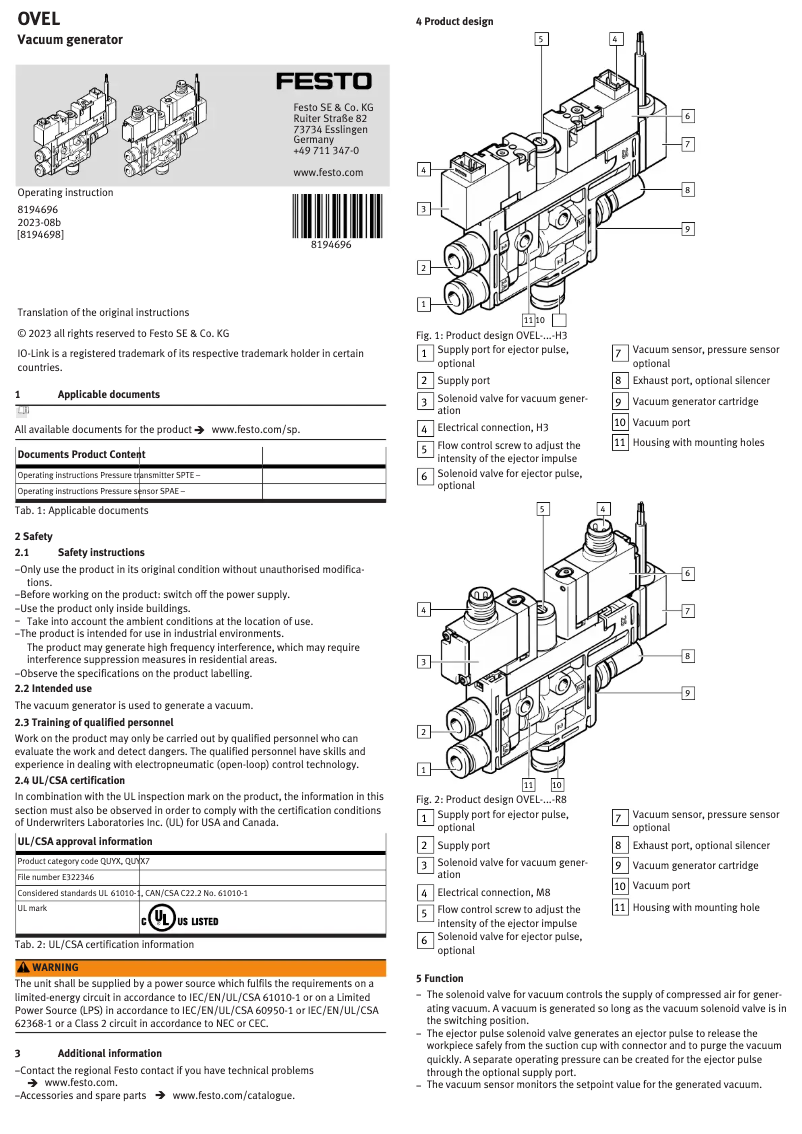 Página nº 1 - Manual de usuario Festo OVEL-5-H-10-PQ-VQ4-UA-C-A-B2V-H3