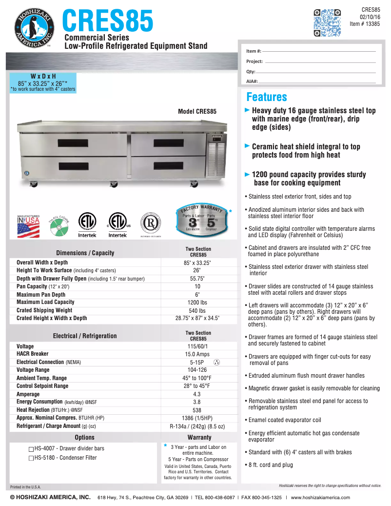 Página nº 1 - Ficha técnica Hoshizaki Commercial CRES85