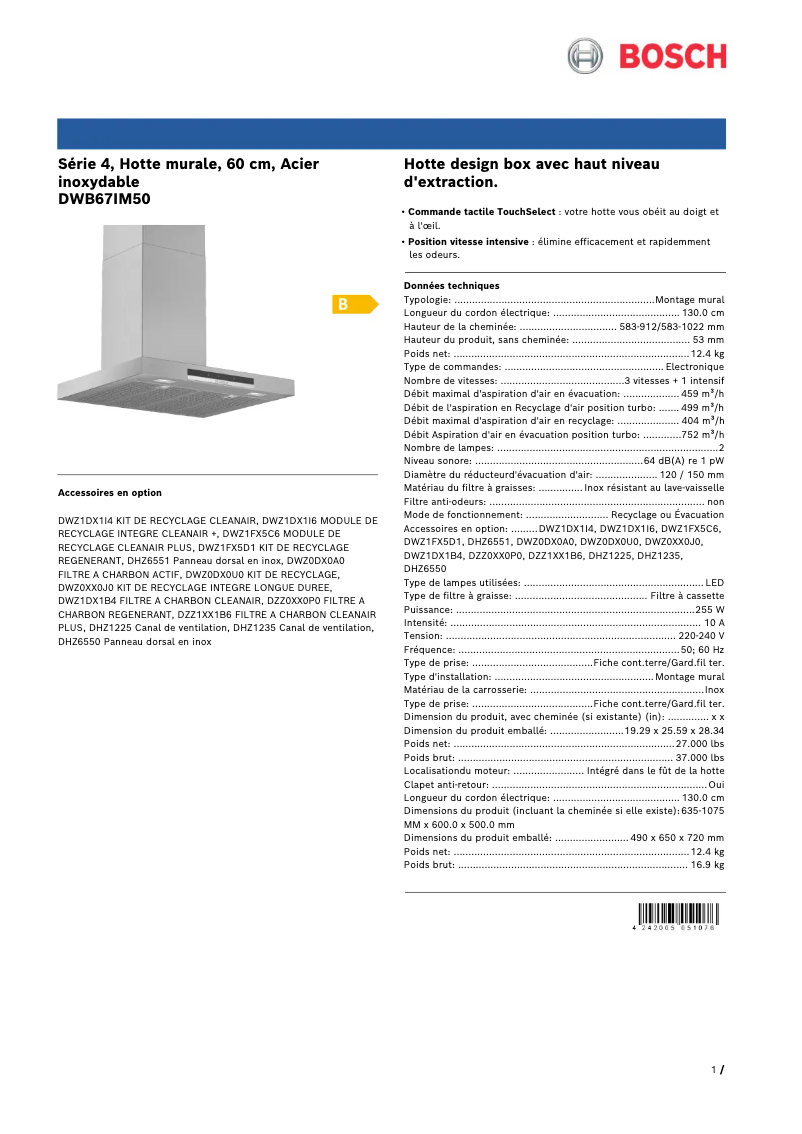 Página 1 del manual Ficha técnica Bosch DWB67IM50