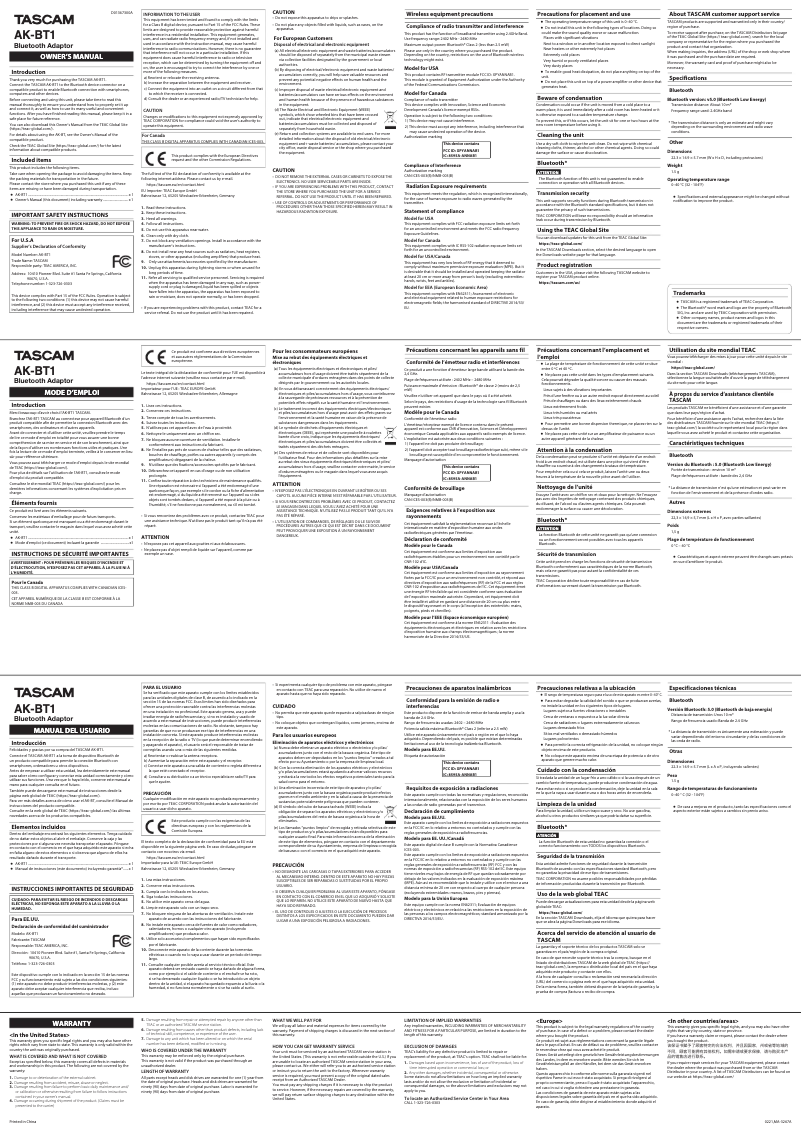 Página nº 1 - Manual de usuario Tascam AK-BT1
