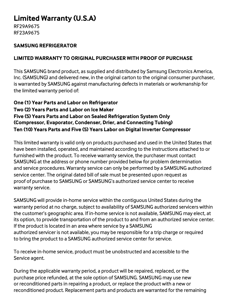 Página 1 del manual Información de garantía Samsung RF23A9675AP