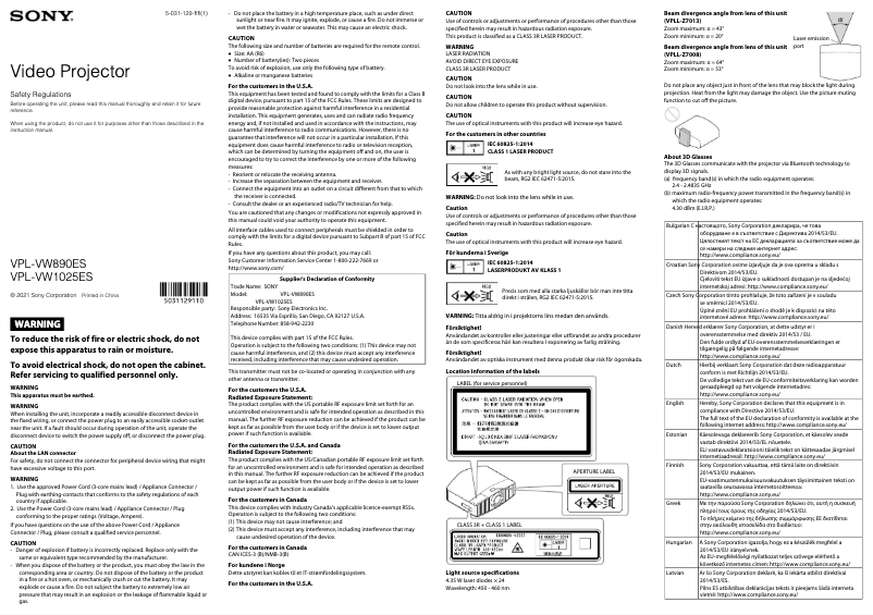 Página 1 del manual Instrucciones de seguridad Sony VPL-VW1025ES