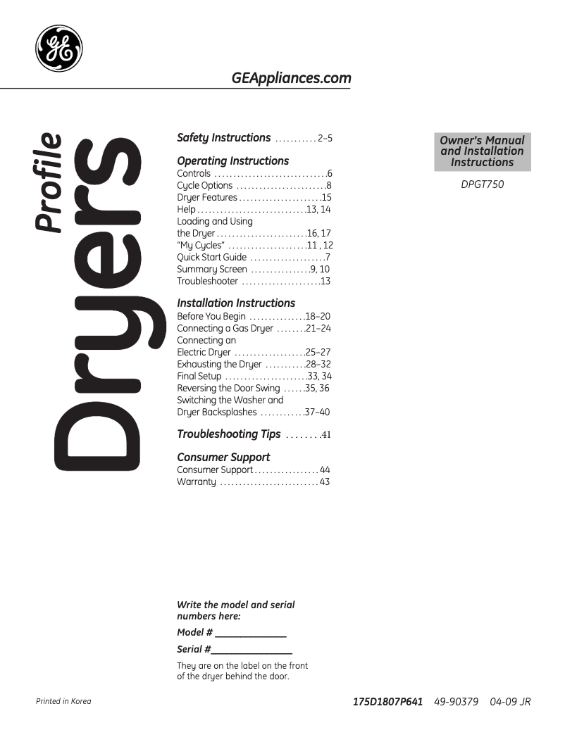 Imagen de la primera página del manual del dispositivo Profile Harmony DPGT750ECWW