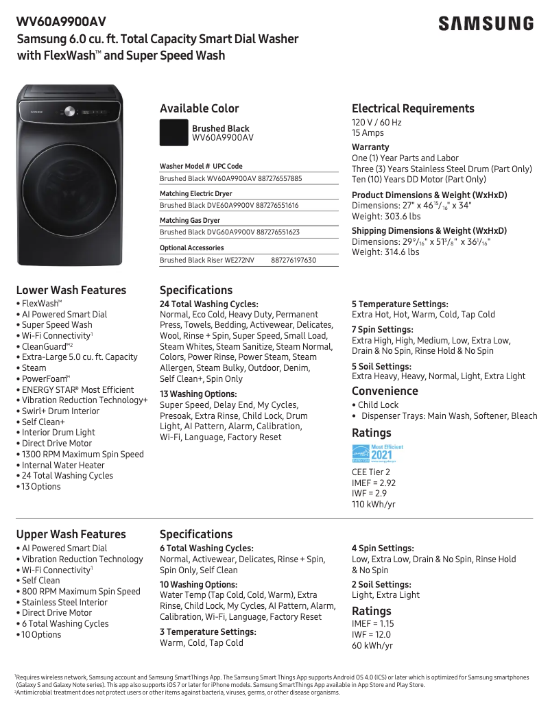 Página 1 del manual Ficha técnica Samsung WV60A9900AV