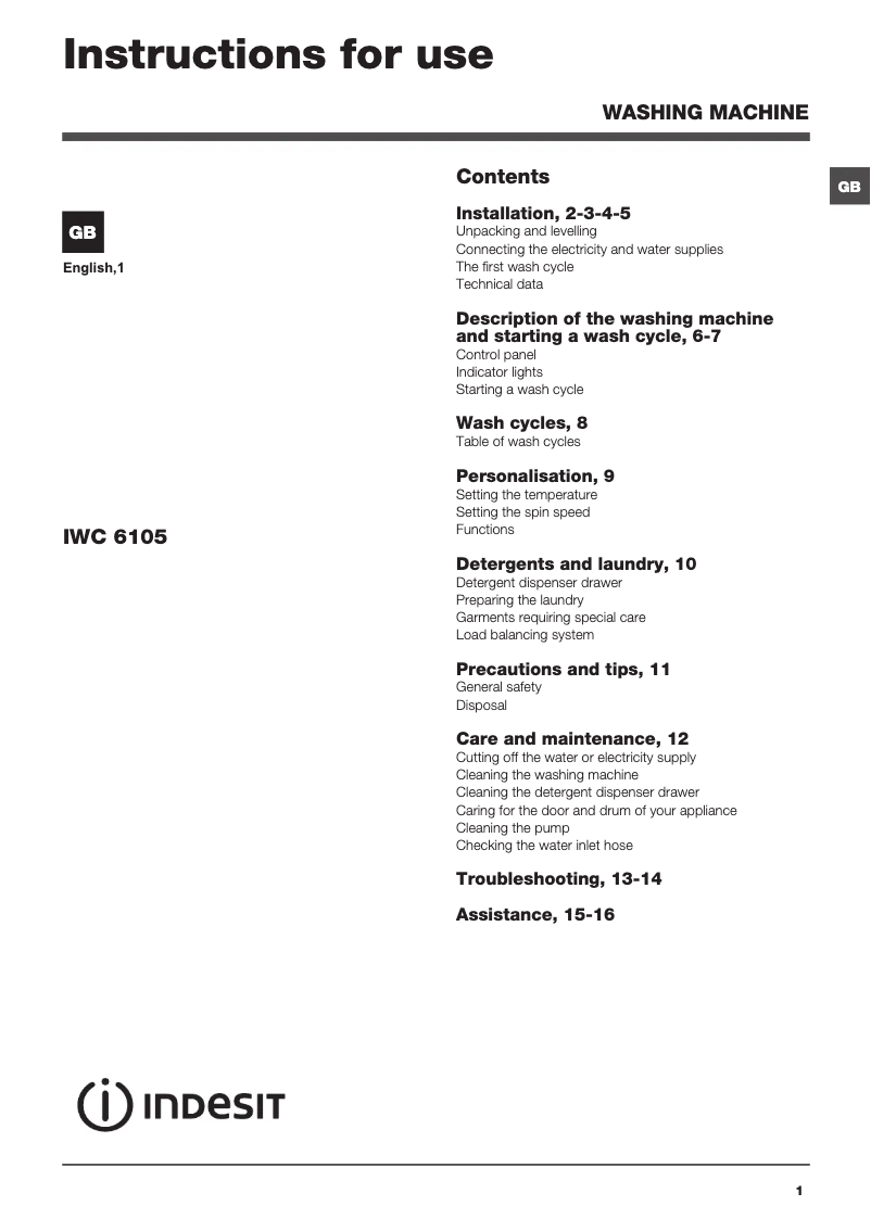 Página 1 del manual Manual de usuario Indesit IWC 6105 S