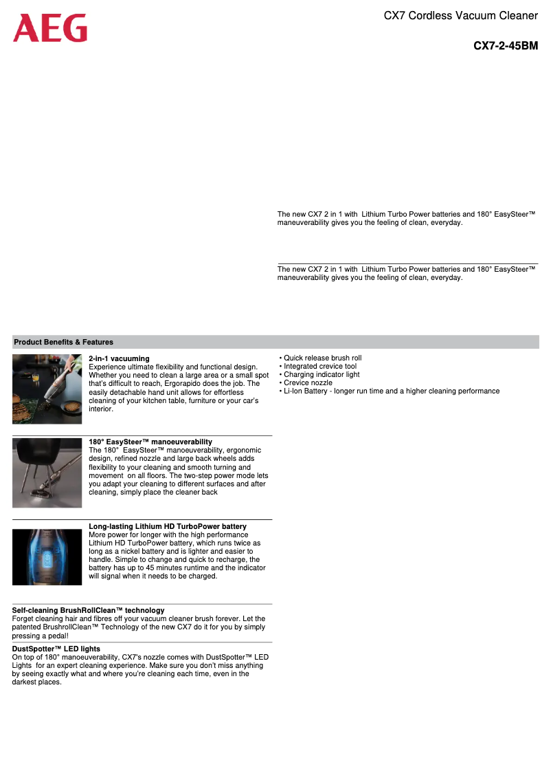 Página 1 del manual Ficha técnica AEG CX7