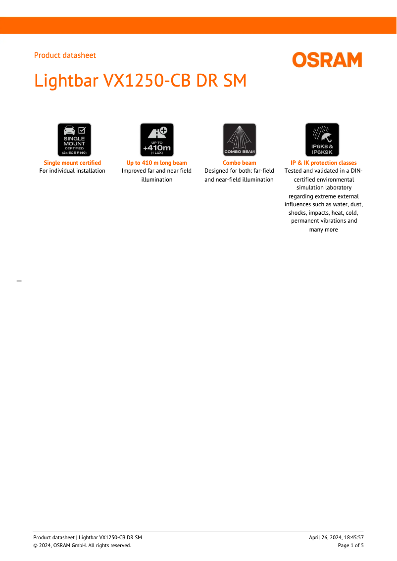 Página nº 1 - Ficha técnica Osram LEDriving Lightbar VX1250-CB SR SM