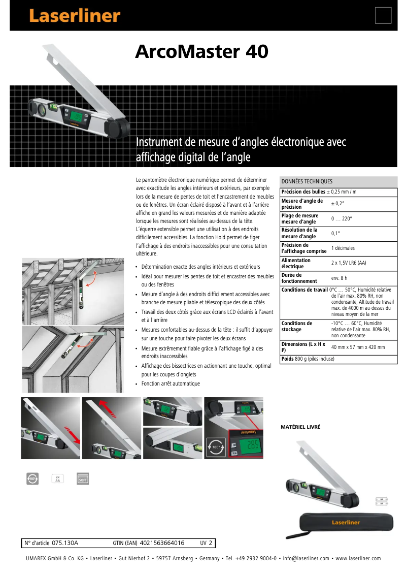 Página 1 del manual Ficha técnica Laserliner ArcoMaster 40