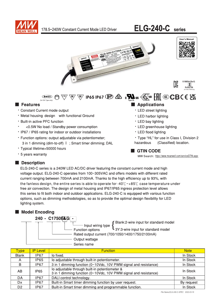 Página 1 del manual Manual de usuario Mean Well ELG-240-C2100DA-3Y