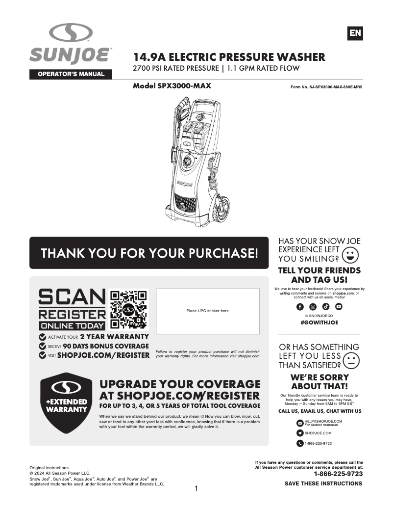 Página nº 1 - Manual de usuario Sun Joe SPX3000-MAX