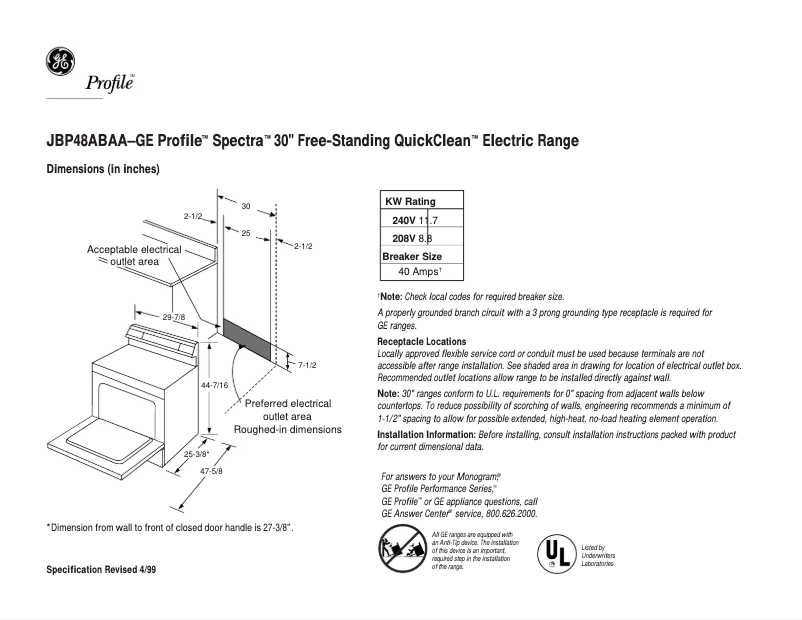 Imagen de la primera página del manual del dispositivo Profile Spectra JBP48ABAA