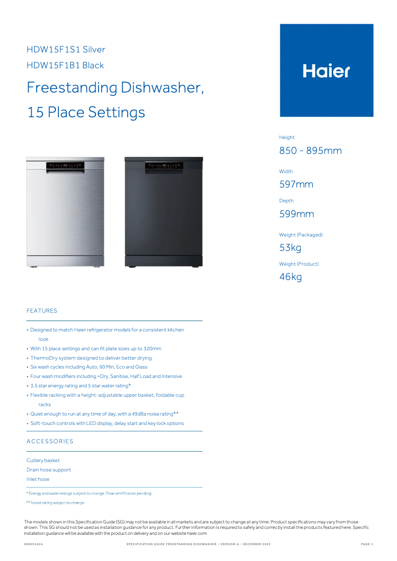 Página 1 del manual Ficha técnica Haier HDW15F1B1