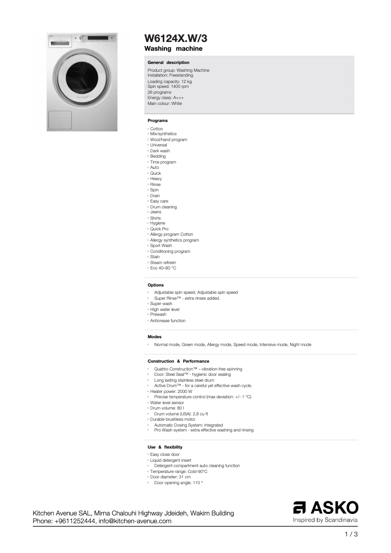 Página 1 del manual Ficha técnica Asko W6124X.W/3
