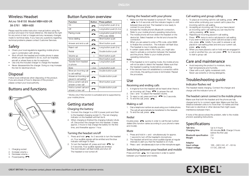 Imagen de la primera página del manual del dispositivo MBH-600