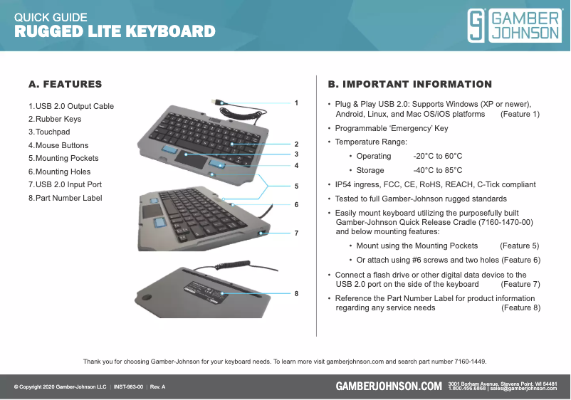 Página 1 del manual Manual de usuario Gamber-Johnson Rugged Lite Keyboard