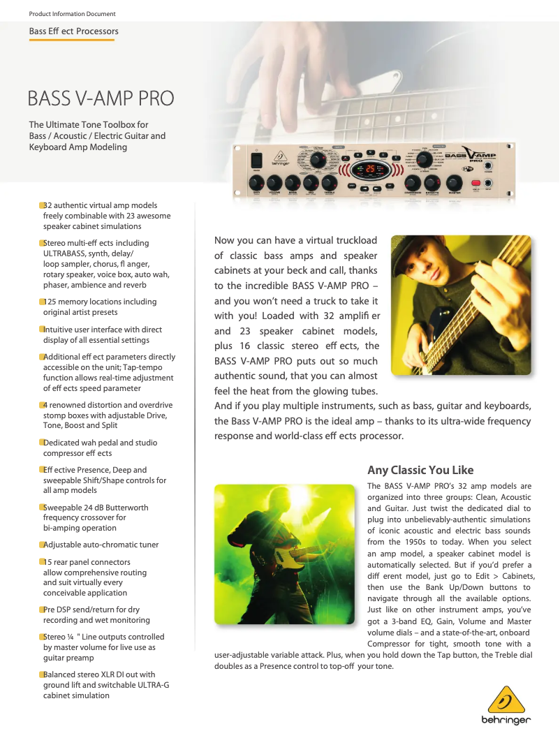 Imagen de la primera página del manual del dispositivo Bass V-AMP Pro