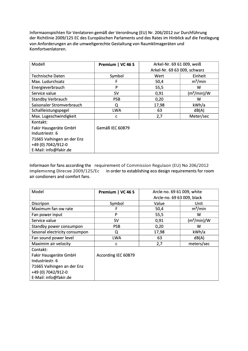 Página 1 del manual Etiqueta energética Fakir premium VC 46 S