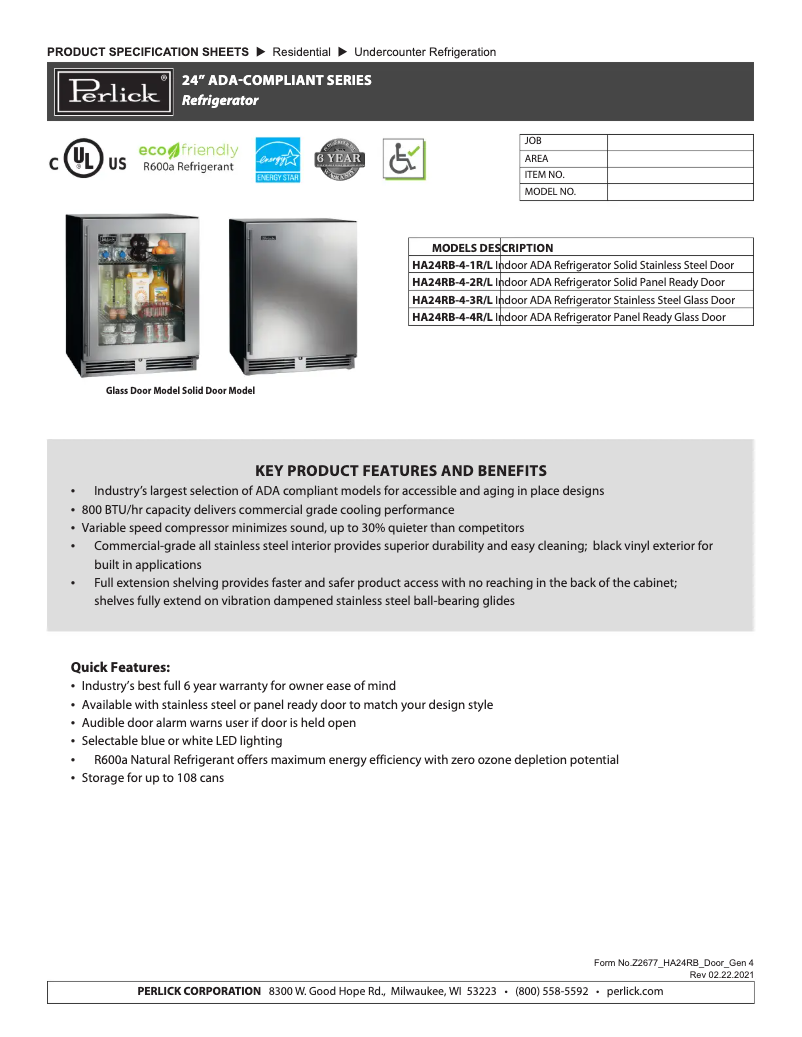 Página 1 del manual Ficha técnica Perlick HA24RB-4-4R