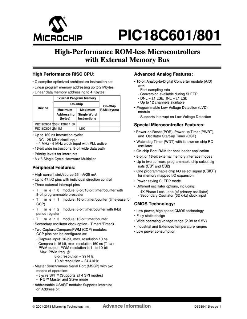 Página nº 1 - Ficha técnica Microchip PIC18C801