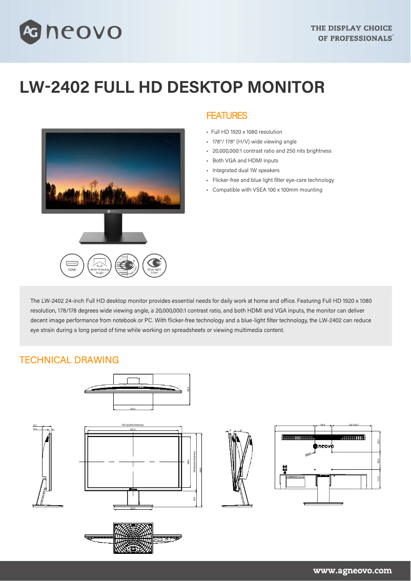 Página 1 del manual Ficha técnica AG Neovo LW-2402