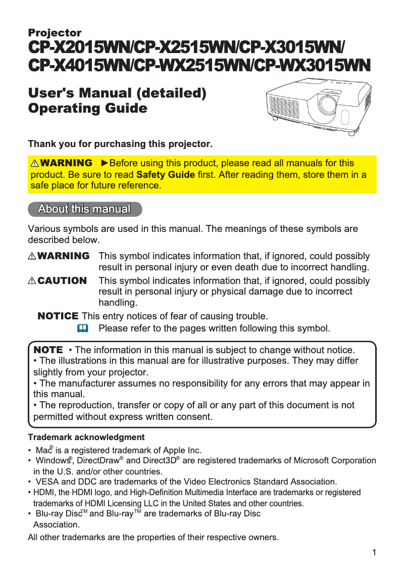 Imagen de la primera página del manual del dispositivo CP-WX2515WN