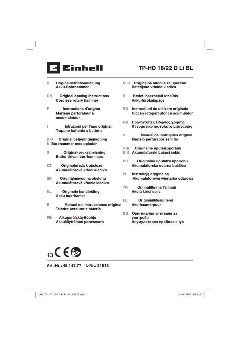 Página nº 1 - Manual de usuario Einhell TP-HD 18/22 D Li BL