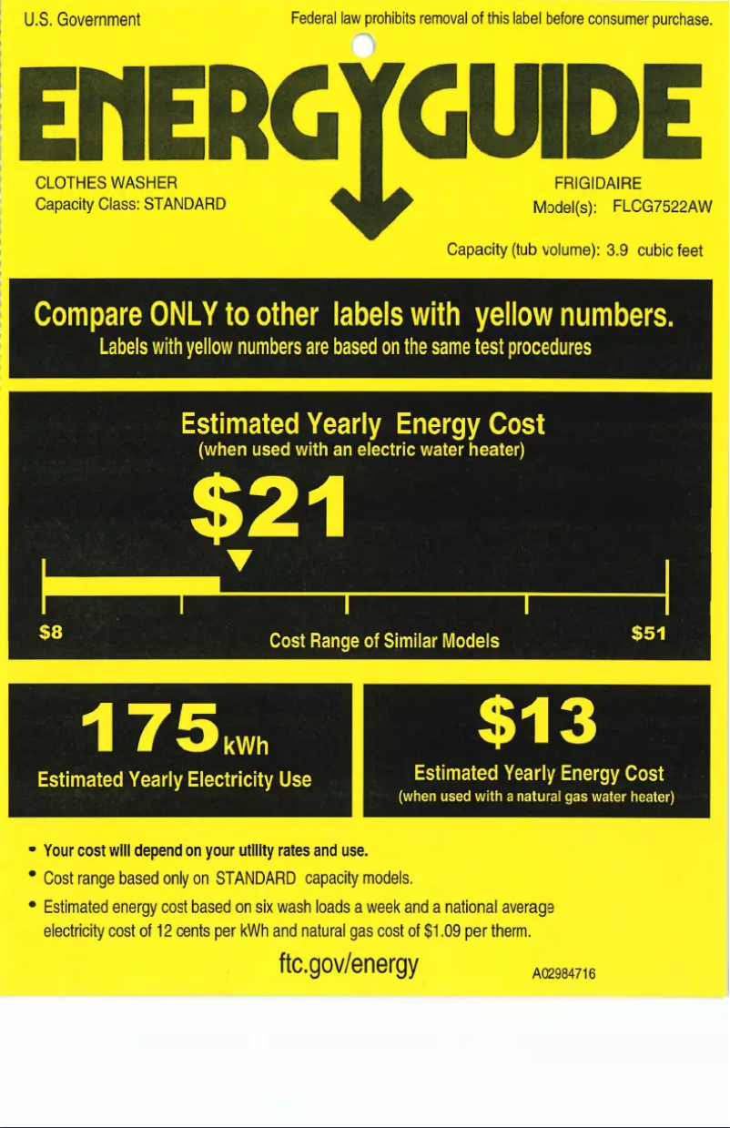 Página nº 1 - Etiqueta energética Frigidaire FLCG7522AW