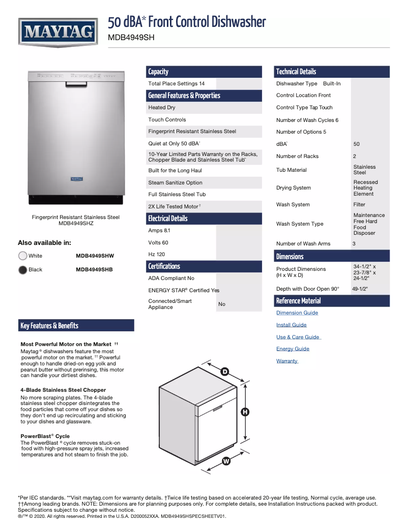 Página 1 del manual Ficha técnica Maytag MDB4949SHW