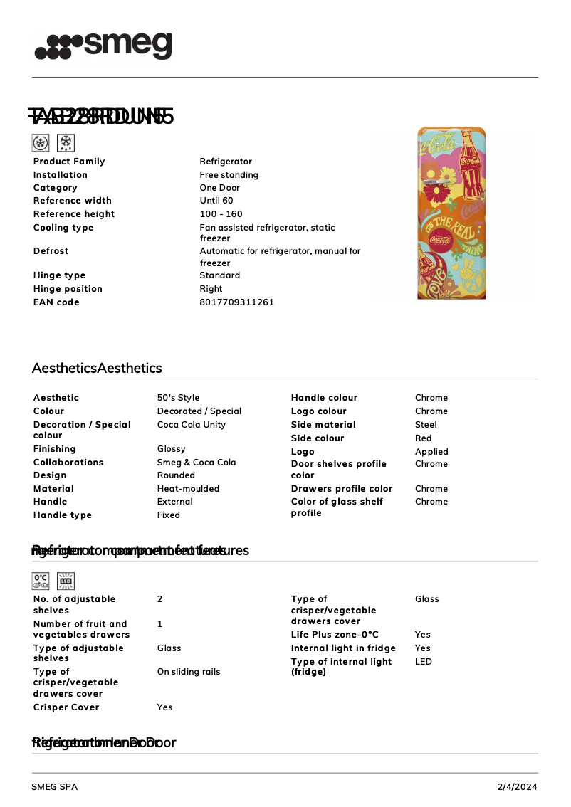 Página 1 del manual Ficha técnica Smeg FAB28RDUN5