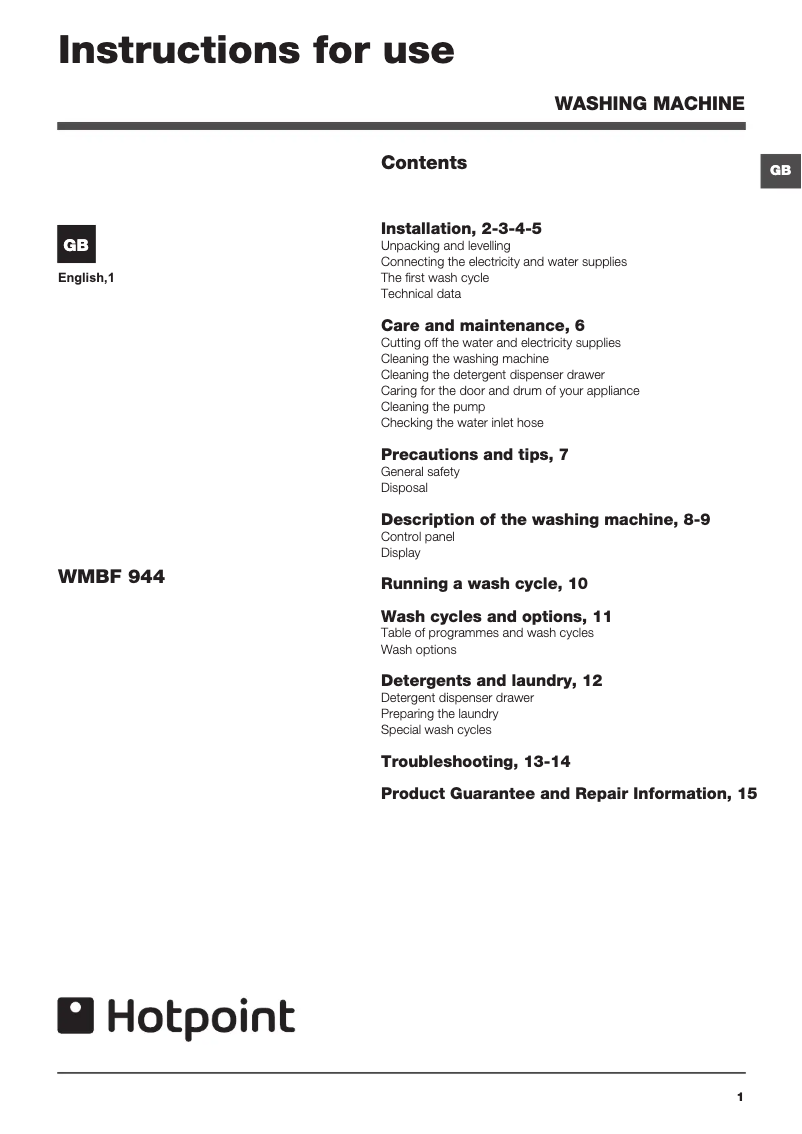 Imagen de la primera página del manual del dispositivo WMBF 944