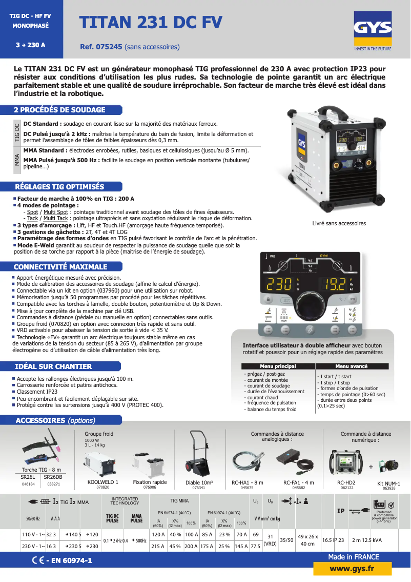 Página 1 del manual Ficha técnica GYS Titan 231 DC FV