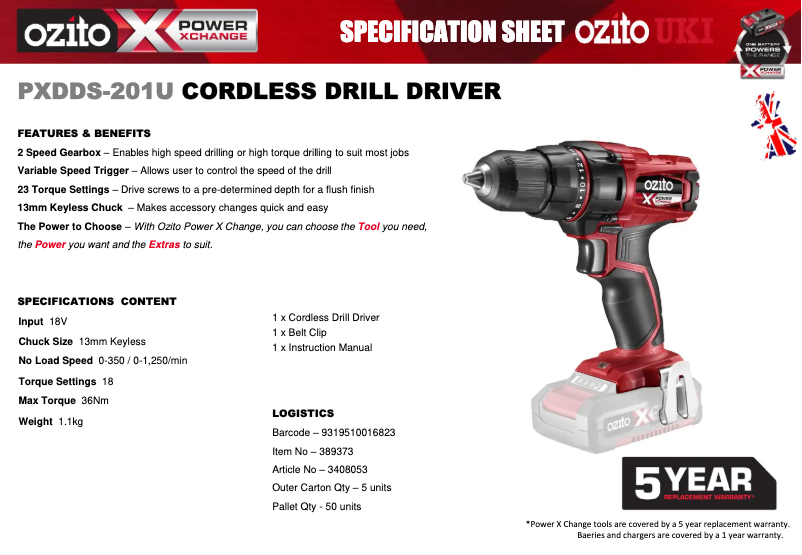 Página 1 del manual Ficha técnica Ozito PXDDS-201U